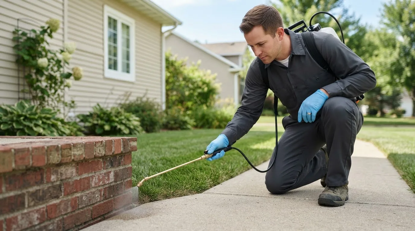 Pest control technician treating a home near Hiwassee, VA